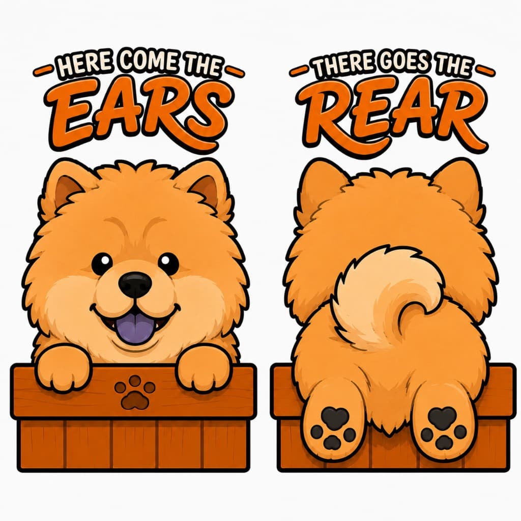 Chow Chow peeking over a wooden fence