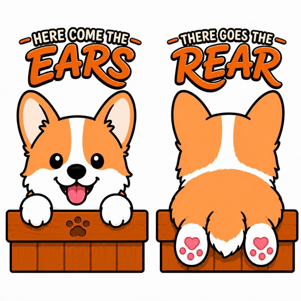 Corgi facing forward over a wooden fence