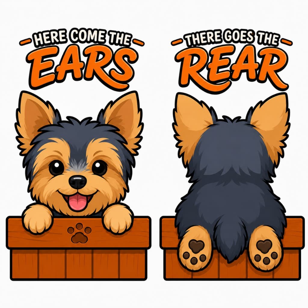 Yorkshire Terrier peeking over a wooden fence